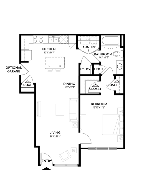 1BR 1BA (760 SF) Floor Plan at The Villas at Germantown, Memphis, 38125